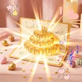 Vista detallada de tarjeta de cumpleaños 3D con radiante pastel dorado - Estilo con Música y Luz (S937) / 6 Ranuras para Tarjetas