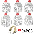 Set di 24 scatole regalo a forma di casa di Natale da colorare con corde - Stile Casa Graffiti SD6007 / Set da 24 pezzi