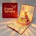 3D pop-up verjaardagskaart met een lichtgevende meerlaagse taart en vlinders - S960 Muziek en Licht Editie / Rood
