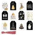 Premium set of 48 black and gold Christmas gift tags with 50 red and white twine strings - S592 Style / 48 Tags (Including 50 Red & White Cotton Ropes)