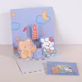 Creative 3D pop-up birthday greeting card featuring cute bear and bunny cartoon design - 3D Birthday - Purple (S609) / Envelope Included