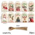 Set of 50 Christmas kraft paper gift tags featuring festive holiday patterns and twine - S876 Style / 50 Tags + 50 Hemp Ropes