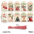 50pcs festive Christmas kraft paper tags featuring Santa, reindeer and snowman motifs. - S876 Style / 50 Tags + 50 Red and White Ropes