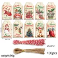 Festive Christmas kraft paper gift tags set featuring 10 holiday designs with colorful twine - Christmas Illustration Tag (s876) / 100 Pieces/Pack (Includes Natural and Red-white Ropes)