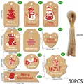 50PCS Christmas kraft paper gift tags set with assorted shapes and natural twine string - Red Print Christmas Tag (S891) / 50 Pieces/Pack (Includes Natural Hemp Rope)