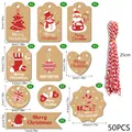 50PCS Kraft paper Christmas gift tags with assorted holiday designs and string - Red Print Christmas Tag (S891) / 50 Pieces/Pack (Includes Red and White Rope)