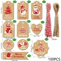 Set of various Christmas kraft paper gift tags with twine and specific size details - Red Print Christmas Tag (S891) / 100 Pieces/Pack (Includes Natural and Red-white Ropes)