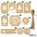 Set of 100 Christmas kraft paper gift tags with festive designs and jute twine cord - White Print Christmas Tag (S892) / 100 Pieces/Pack (Includes Natural Hemp Rope)