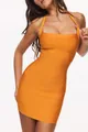 Close-up of sexy orange bandage dress featuring halter neckline and bodycon fit - XS / Dresses / Orange