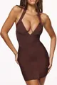 Detailed view of sexy brown deep V bandage bodycon mini dress on model with sleek fit. - XS / Dresses / Coffee