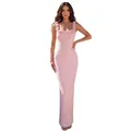 Elegant pink sleeveless bodycon evening gown with floral straps and pearl beading - XS / Dresses / Pink