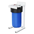 Blue 10-inch RV water filter housing with a white metal stand for outdoor camping use - Blue-Iron Stand Style