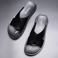 Fashionable men's black cross-strap outdoor sandals featuring soft leather and non-slip sole - 40 / Black