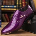 Detail view of purple patent leather men's dress shoe with unique wrinkled texture - 39 / Purple
