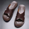 Stylish men's brown cross-strap soft leather outdoor slippers with non-slip durable sole - 40 / Dark Brown