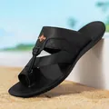 Premium black men's flip-flop sandals with printed pattern and soft non-slip sole - 39 / Black