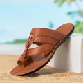 High-end brown leather thong sandals for men featuring elegant printed patterns and soft sole - 39 / Dark Brown