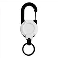 Detail view of a black and white retractable carabiner for outdoor fishing gear. - White