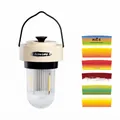 Retro rechargeable LED camping lamp shown with various decorative label options for outdoors - Sticker Set / Rechargeable / Off White