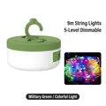 Outdoor army green camping lantern with 9m retractable multi-color LED string lights - L907 (9m String) / Army Green (Multicolor String)