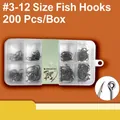 Ensemble d'hameçons de pêche Iseni haute résistance tailles 3 à 12 en boîte plastique - Boîte Transparente à 8 Compartiments / Pack de 200 / Noir