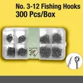 Kit de 300 hameçons de pêche assortis tailles 3-12 dans une boîte de rangement robuste - Boîte Transparente à 8 Compartiments / 300 pièces / Noir