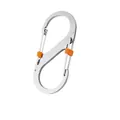 Detailed view of heavy-duty stainless steel S-shaped carabiner with orange sliding locks - Large Locking S-Biner / Silver