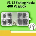 Jeu de crochets de pêche Ise-ama tailles 3-12, 400 pièces en boîte en plastique - Boîte Transparente à 8 Compartiments / Paquet de 400 Pièces / Noir