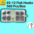 Lot de 500 hameçons en acier carbone tailles 3 à 12 avec boîte de rangement - Boîte Transparente à 8 Compartiments / 500 Pièces/Paquet / Noir