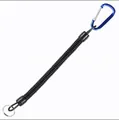 Retractable black coil fishing lanyard equipped with a blue carabiner and silver split ring - Blue