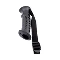 Macro view of ergonomic black trekking pole handle with adjustable nylon wrist strap buckle. - Straight Handle with Strap / 20mm / Black