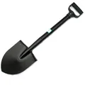 Detail view of a black manganese steel outdoor shovel with a durable D-shaped handle grip - Straight Handle E-Tool / Black
