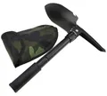 Heavy duty multifunctional foldable camping shovel with pickaxe and camouflage carrying bag. - Black