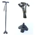 Detailed views of a foldable aluminum walking cane featuring LED light and a stable base - Single Armrest / Black