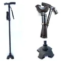 Collage showing foldable aluminum walking cane with dual handles, LED light, and quad base. - Dual Handle / Black
