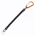 Close-up of black coiled fishing lanyard with orange carabiner and silver ring - Gold