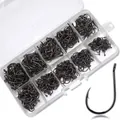 500pcs high carbon steel fishing hooks assortment set, sizes 3-12# in portable tackle box - 500 Pieces/Pack / Black