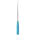 Detail view of professional stainless steel fish hook remover with ergonomic blue handle - Bag Packaging / Blue