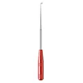 Detailed view of a stainless steel fishing hook remover with a red ergonomic handle - Bag Packaging / Red
