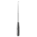 Detail of a professional stainless steel fishing hook remover with a black handle. - Bag Packaging / Black