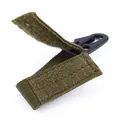 Detailed close-up of tactical olive drab webbing strap with heavy-duty black metal clip. - Army Green