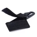 Detail of black tactical nylon webbing strap with eagle beak metal carabiner hook. - Black