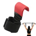 Red weightlifting power hook with padded wrist strap for pull-ups and strength training. - Padded Red Power Hook / Red