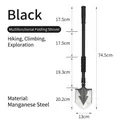 Badile pieghevole multifunzionale in acciaio al manganese nero con dimensioni dettagliate - Modello 605 Vanga di Sopravvivenza Ispessita / 74.5cm Lunghezza Totale / Nero