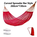 Robuste rote Outdoor-Netzhängematte mit gebogenen Holzstäben, Größe 260 x 130 cm - Rot 260*130 Mit Holzstange (Mit Riemen + Aufbewahrungstasche)