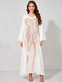 Full view of elegant white dress featuring intricate rose gold sequin applique detail - S / Dresses / White
