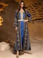 Full view of elegant blue two-piece abaya dress with intricate embroidery and belt - S / Set / Blue