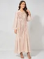 Detailed view of elegant sequin beaded ethnic maxi dress with long sleeves in pink beige - S / Dresses / Apricot