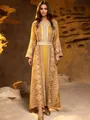 Elegant mustard yellow two-piece embroidered kaftan robe dress with intricate patterns - S / Set / Yellow