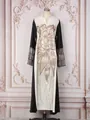 Robe longue ethnique élégante à manches longues avec applique florale en paillettes - S / Robes / Blanc